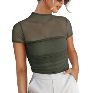 NWT REORIA‎ Women’s Gray Green Sheer Mesh Ruched Bodysuit – XL